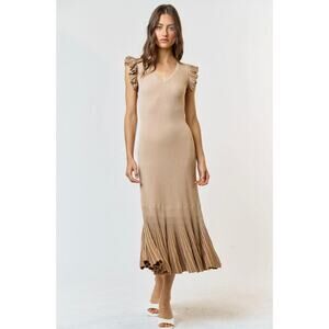 Ruffle Sleeve Pleated Mermaid Sweater Maxi Dress in Tan